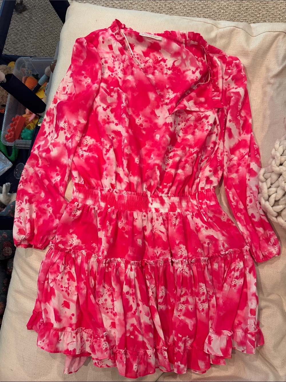 Women's Pink Tie-Dye Long Sleeve Ruffle Dress